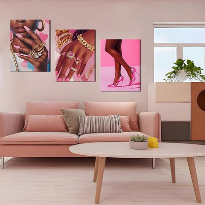 Framed Pink Black Girl Wall Art Set of 3, African American Black Women Canvas Prints Poster, Fashion Gorgeous Girl Paintings Pictures Artwork for Bathroom Bedroom Living Room Wall Decor 12x16 Inch