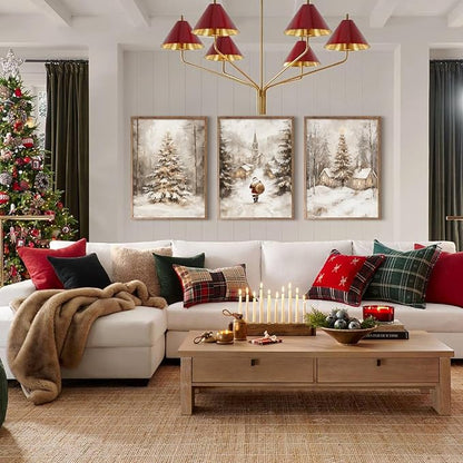 Christmas Wall Art Decor Winter Santa Pictures Vintage Christmas Canvas Poster Snowy Pine Trees Wall Art Xmas Forest Prints Santa Claus Painting Artwork for Bedroom Living Room 16x24x3 Inch Unframed