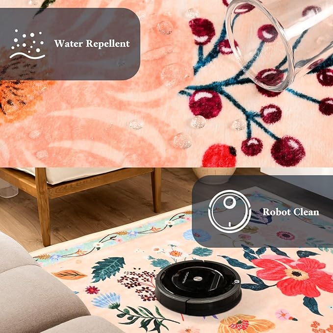 Macgace 3x5 Floral Rug for Girls Bedroom, Machine Washable Area Rugs with Non Slip Backingfor Living Room, Cute Flowers Carpet Kitchen Dining Room Kids Playroom Decor, Peach White