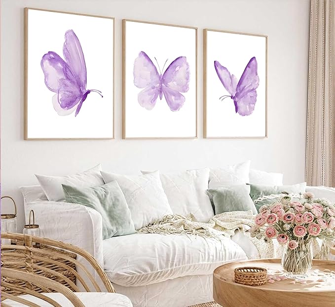 ZLYARTMP 3Pcs Butterfly Wall Art Purple Butterfly Posters Pictures Minimalist Cute Animal Prints Paintings Aesthetic Preppy Room Canvas for Girls Bedroom Nursery Home Wall Decor Gift Unframed