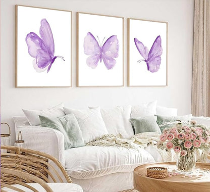 ZLYARTMP 3Pcs Butterfly Wall Art Purple Butterfly Posters Pictures Minimalist Cute Animal Prints Paintings Aesthetic Preppy Room Canvas for Girls Bedroom Nursery Home Wall Decor Gift Unframed