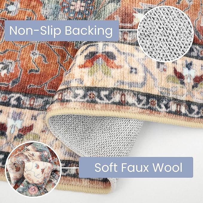 KOZYFLY Small Area Rug 2x3 Ft Rugs for Entryway Washable Boho Entry Rug Non Slip Door Mat Indoor Entrance Rust/Orange/Blue Printed Faux Wool Vintage Printed Kitchen Rug Throw Rugs for Entrance Kitchen