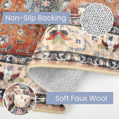 KOZYFLY Boho Area Rug 9x12 Ft Thin Rugs for Living Room Washable Bedroom Rug Non Slip Rugs for Living Room Rust/Orange/Blue Printed Faux Wool Vintage Bedroom Rug Floor Carpet for Dining Room