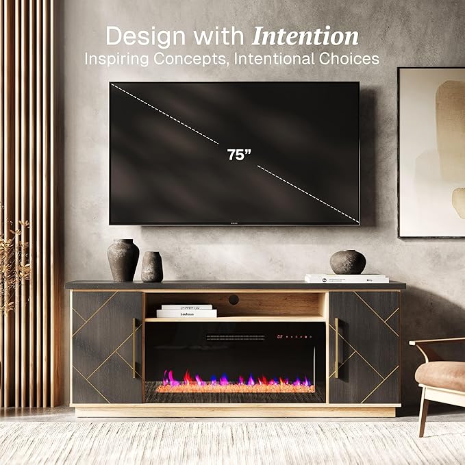BELLEZE 68“ Fireplace TV Stand for TV's Up to 75", Elegant Entertainment Center with 36" Electric Fireplace Heater, Storage Media Console with Drawers & Open Shelves for Living Room (Espresso Black)