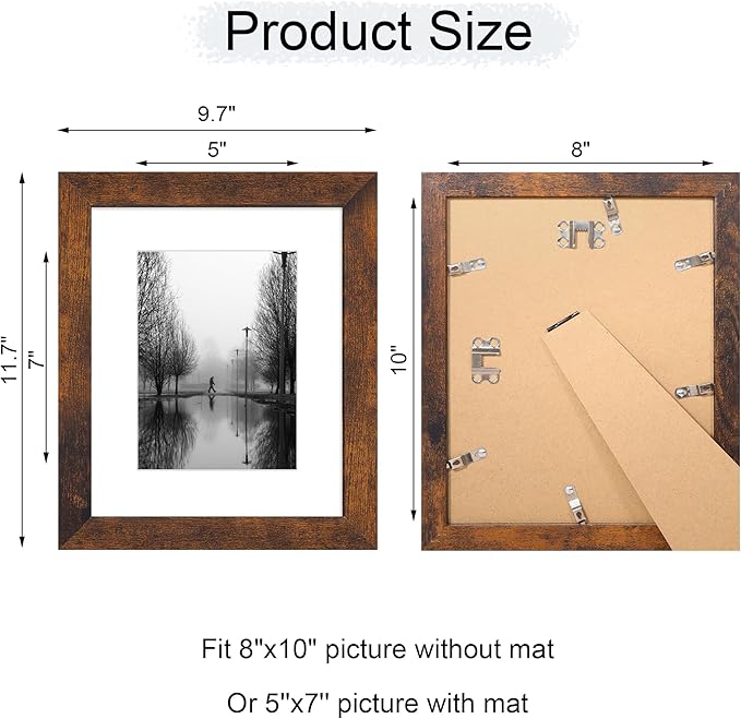 iRahmen 8x10 Picture Frame Set of 2 with High Definition Glass, Wood Photo Frame Display Pictures 5x7 with Mat or 8 x 10 without Mat for Tabletop or Wall Mounting