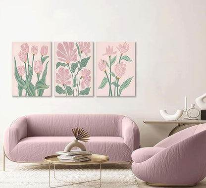 3 Pcs Pink Tulips Flowers Canvas Wall Art Boho Pink and Green Abstract Floral Botanical Paintings Pictures Wall Decor Poster Print Artwork for Living Room Bedroom Home Decoration