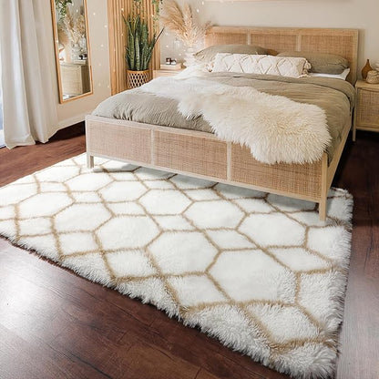 ONASAR 5x7 Area Rugs for Living Room Bedroom, Fluffy White and Beige Faux Fur Bedside Rug, Geometric Boho Soft Plush Shaggy Floor Carpet Mat for Nursery Kids Girls Teen Dorm Home Decor