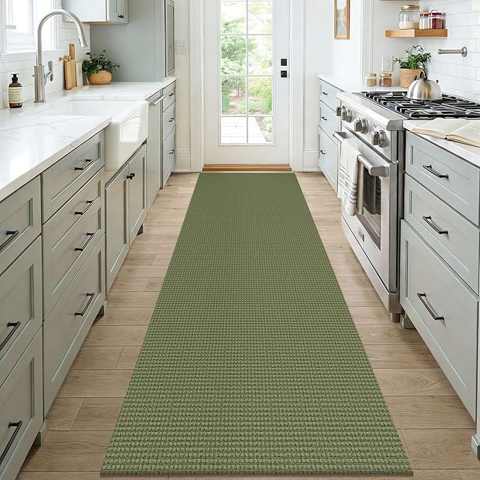 KOZYFLY Woven 3x7 Washable Kitchen Runner Rug, Non Slip Wide Runners for Hallway, Cotton Entryway Runner, Braided Floor Carpet for Entry, Kitchen, Bedside, Hall, Olive Green/Earthy Green