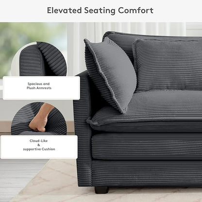 ROWHY 150'' Modular Sectional Corner Cloud Couch, 7 Seater Sofa Big Comfy Corduroy V Shaped Couch with 4 Throw Pillows, Movable Ottoman, Couches for Living Room Office Dark Grey