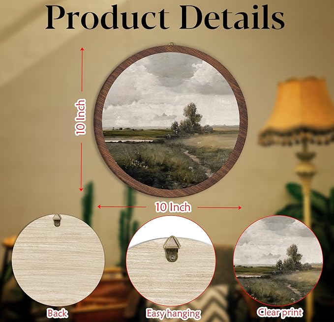 Rustic Landscape Hanging Wall Decor, Vintage Rustic Cottage Landscape Round Wooden Wall Art, Countryside Farmhouse Western Retro Decorations for Apartment Home Living Room Bedroom Bathroom Office, 12