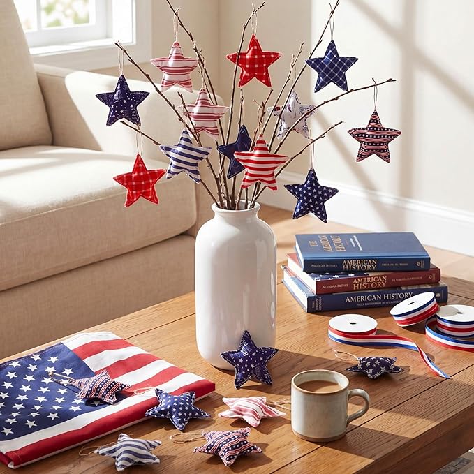 Soulchen 12 Pcs 4th of July Patriotic Ornaments Red Blue White Fabric Star Hanging Ornament Stuffed Stripe Check Star Memorial Day Tree Decoration for 250th Anniversary Independence Veterans Day Decor