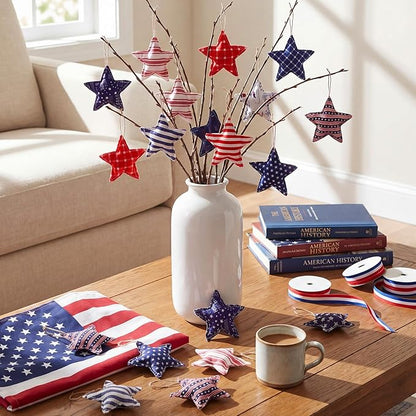 Soulchen 12 Pcs 4th of July Patriotic Ornaments Red Blue White Fabric Star Hanging Ornament Stuffed Stripe Check Star Memorial Day Tree Decoration for 250th Anniversary Independence Veterans Day Decor