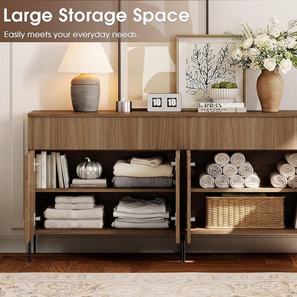 WAMPAT Large Fluted TV Stand TVs up to 120 inch, 126" W Modern TV Entertainment Center with Storage and 4 Drawers & 8 Doors, Wood Media TV Console Table with Storage for Living Room, Light Walnut