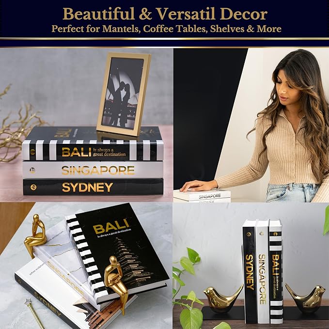 Decorative Books for Home Decor - Black and Gold Foiled Decor Books for Coffee Table - Decorative Hardcover Display Faux Books for Bookshelf – Fashion Designer Books Decor Set of 3