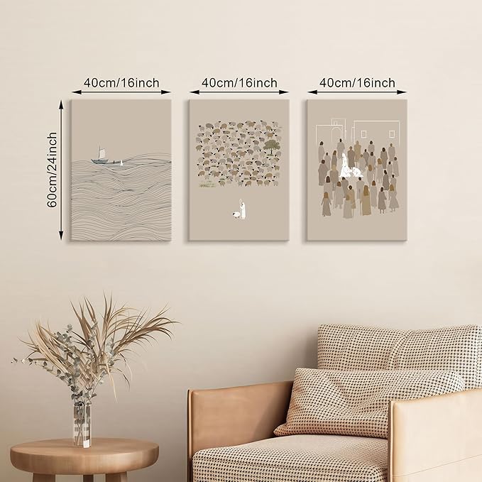3Pcs Christian Wall Art Jesus Canvas Art Prints Beige Bible Sketches Painting Pictures Inspirational Scripture Artwork Posters Religious Wall Decor for Living Room Church Prayer Room 16”x24”x3