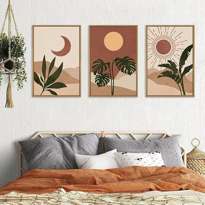 KAIRNE Vintage Sun and Moon Framed Canvas Wall Art Set,Boho Desert Botanical Wall Decor,Abstract Green Terracotta Art Prints,Retro Minimalist Artwork for Living Room,Bedroom,Farmhouse,Office-16"x24"x3