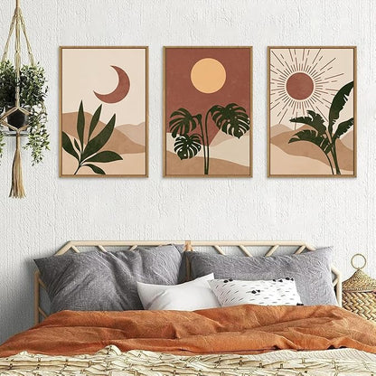 KAIRNE Vintage Sun and Moon Framed Canvas Wall Art Set,Boho Desert Botanical Wall Decor,Abstract Green Terracotta Art Prints,Retro Minimalist Artwork for Living Room,Bedroom,Farmhouse,Office-24"x36"x3