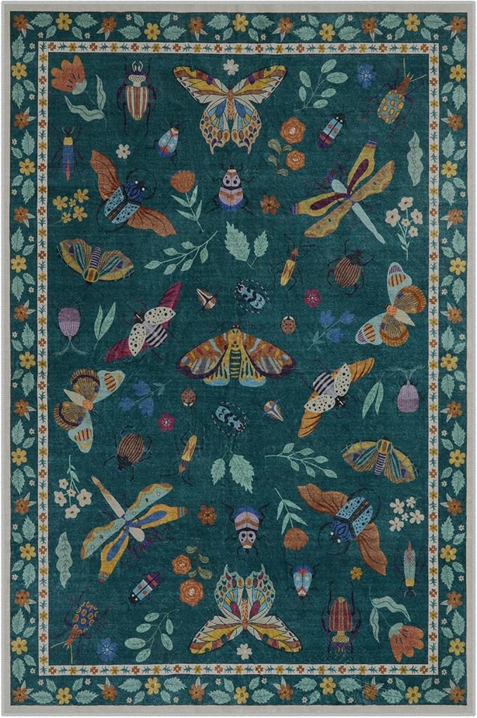 Lahome Insect Print Washable Rugs for Living Room, Soft Area Rug 6x9 Rug for Bedroom Ultra-Thin Dining Room Rug, Stain Resistant Large Carpet for Office Nursery Vionnet(6'x9',Dark Green)