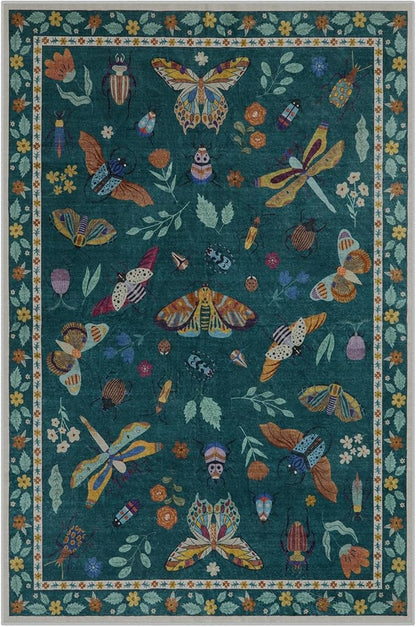 Lahome Insect Print Washable Rugs for Living Room, Soft Area Rug 6x9 Rug for Bedroom Ultra-Thin Dining Room Rug, Stain Resistant Large Carpet for Office Nursery Vionnet(6'x9',Dark Green)