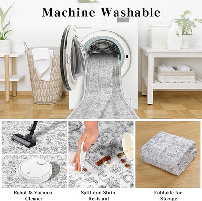8x10 Gray Washable Area Rugs for Living Room Non Slip Low Pile Vintage Boho Throw Rug Soft Retro Distressed Floral Large Carpet Indoor Farmhouse Decor for Bedroom Dining Room Office Kitchen Playroom
