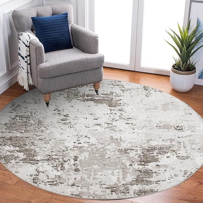 ROYHOME Modern Abstract 4x4 Round Area Rug Non Slip Non Shedding Rug Low Pile Stain Resistant for Bedroom Living Room Office Dining Room,Taupe/Beige