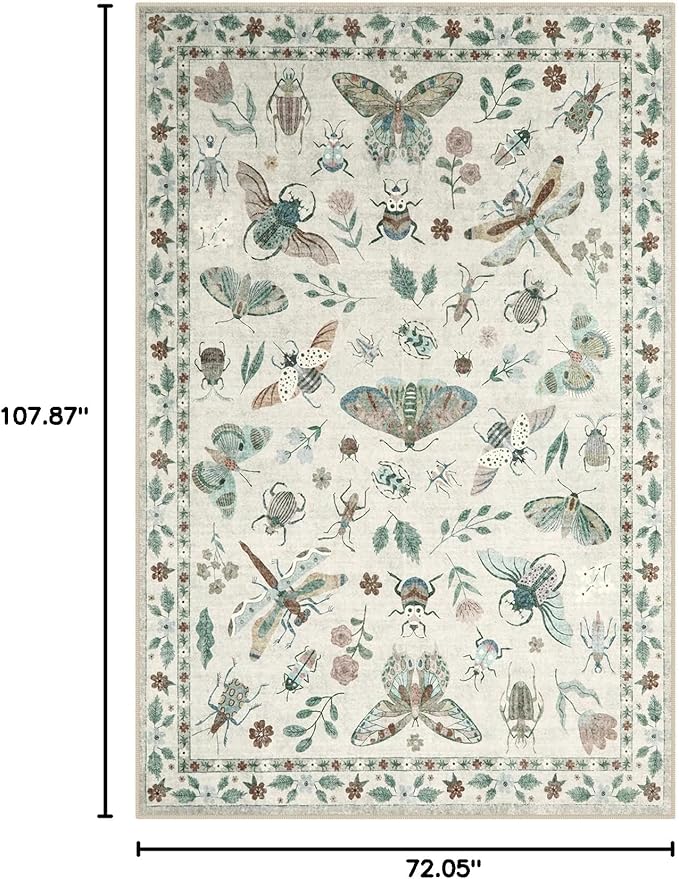 Lahome Insect Print Washable Rugs for Living Room, Soft 6x9 Area Rugs for Bedroom, Ultra-Thin Non Slip Modern Area Rug Low Pile Throw Carpet for Dining Room Office Vionnet(6'x9',Beige)