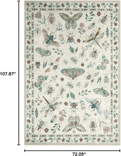 Lahome Insect Print Washable Rugs for Living Room, Soft 6x9 Area Rugs for Bedroom, Ultra-Thin Non Slip Modern Area Rug Low Pile Throw Carpet for Dining Room Office Vionnet(6'x9',Beige)