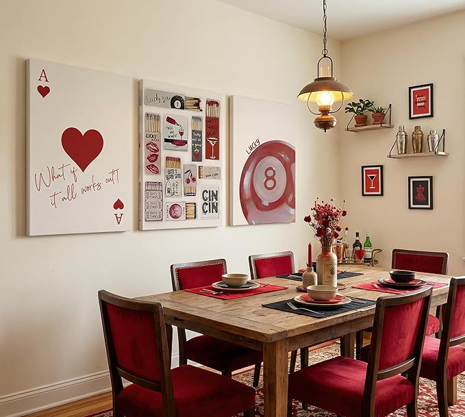 3pcs Trendy Vintage Matchbox Canvas Wall Art Red Lucky Pool Ball Ace Of Hearts Wall Decor Pictures Fashion Coquette Preppy Posters Prints For Bedroom Dorm Scene Home Decoration Prepare To Hang