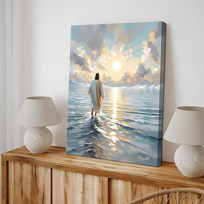 Jesus Canvas Wall Art, Christian Wall Decor of Jesus Walking on Water, Inspirational God Picture for Living Room, Prayer Room or Church, Catholic Religious Artwork – 16"x24" Framed