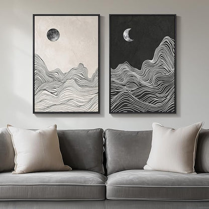 Framed Black and White Abstract Wall Art, 2 Piece Modern Canvas Prints Paintings Artwork for Walls, Abstract Mountain and Moon Pictures for Bedroom, Living Room, Dining Room Wall Decor 16x24 In
