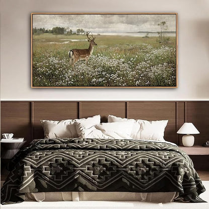 Vintage Wall Art for Living Room Farmhouse Wall Art, Country Wall Decor, Deer Art - Rustic Nature Canvas, Large Landscape Pictures for Bedroom Framed Artwork for Walls 29×58IN