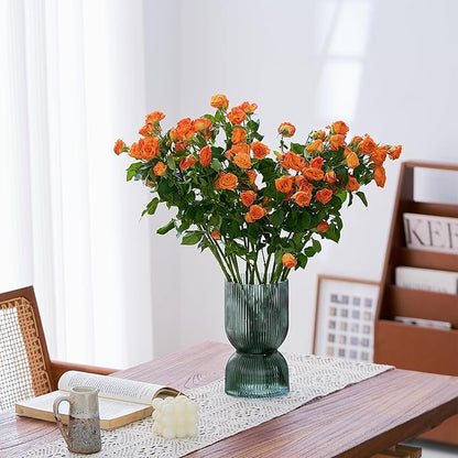 7.5 inch Vase for Flowers, Ribbed Thickened Glass Green Vases, Hourglass Bud Flower Vase for Bookshelf, Dinner Table, Indoor Office Desktop, Meeting Room, Bathroom, Home Decor, Christmas Decoration