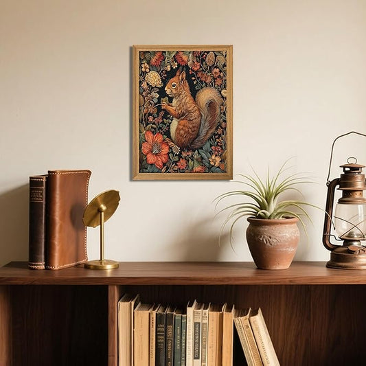 Framed Vintage Squirrel Wall Art, 3D Textured Squirrel Among Flowers Painting Art, Hand Drawn Sandstone Botanical Floral Pictures, Modern Farmhouse Wall Decor for Living Room Bedroom 12x16 inch