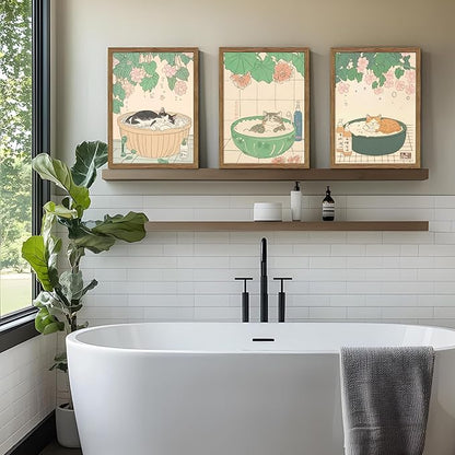 Japanese Cat Bathroom Wall Art Set of 3, Funny Cat in Bathtub Canvas Wall Decor Paintings, Vintage Japandi Cute Animal Aesthetic Poster Prints Pictures for Restroom Bathroom 16x24 Inch Framed