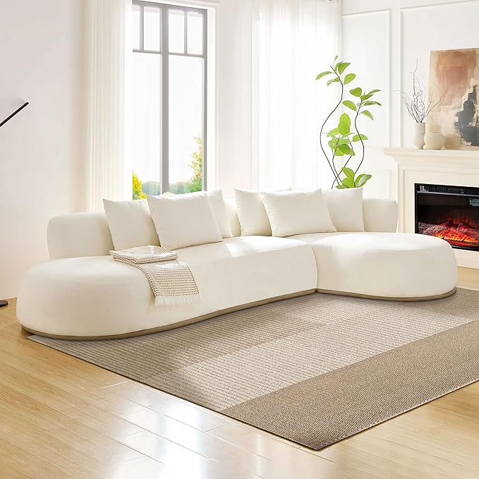 WILLIAMSPACE 134.63" Oversize Curved Sofa Cloud Couch with Round Chaise, Modern Upholstered Curved Sectional Sofa Couch with 6 Pillows for Living Room, No Assembly (Right-Facing,Cream White)