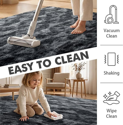 5x7 Ft Large Shag Rugs for Bedroom Living Room for Men Boys, Tie Dyed Ultra Soft Fluffy Furry Area Rug for Indoor Floor, Aesthetic Carpet for Home Decor (Black Grey)