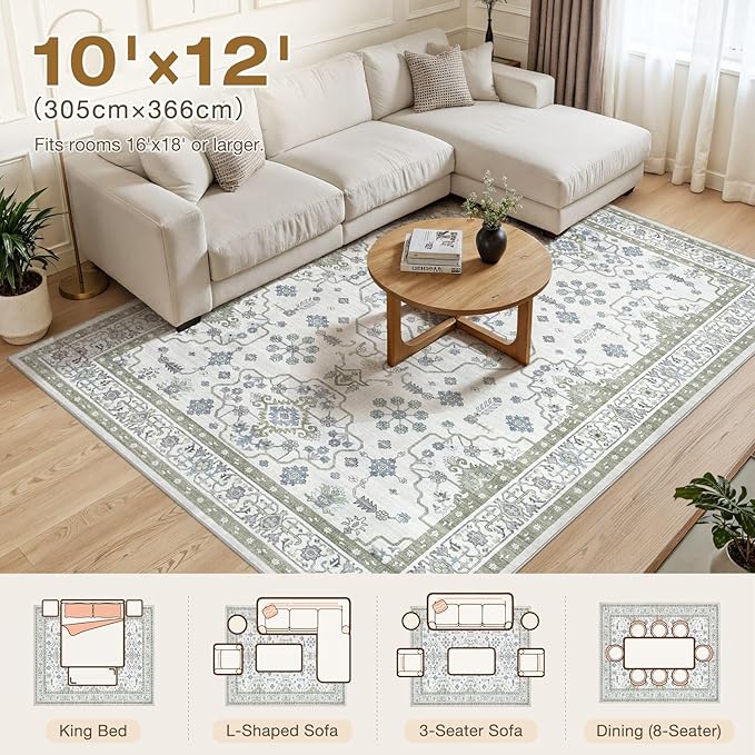 Area Rug 10x12 for Living Room - Washable Oriental Vintage Floral Distressed Large Indoor Carpets with Non Slip Back for Bedroom Dining Room Nursery Office Home Decor -Light Green