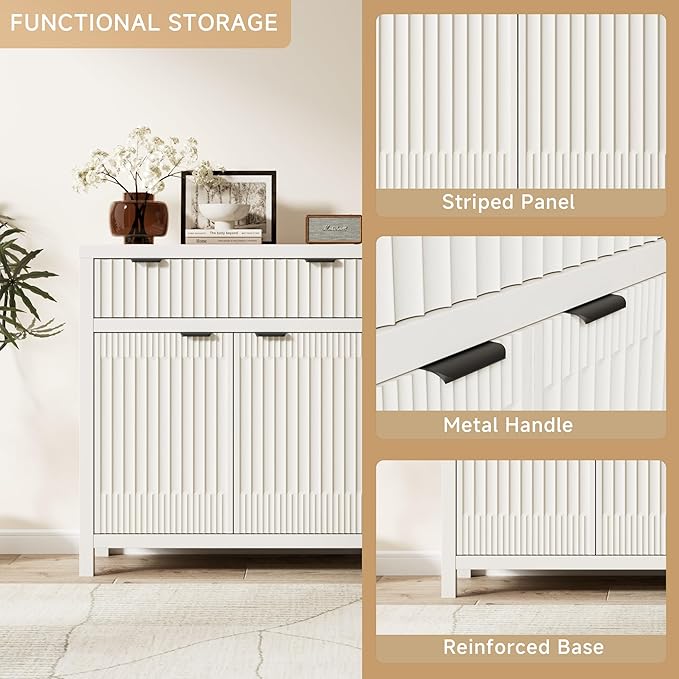 Fatmok Fluted Buffet Cabinet with Storage Set of 3, 34" Tall Modern Arched Sideboard Cabinet w/AdjustableShelves,Wooden Modular Coffee Bar for Kitchen, Living Room, Entryway, White