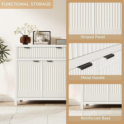 Fatmok Fluted Buffet Cabinet with Storage Set of 3, 34" Tall Modern Arched Sideboard Cabinet w/AdjustableShelves,Wooden Modular Coffee Bar for Kitchen, Living Room, Entryway, White