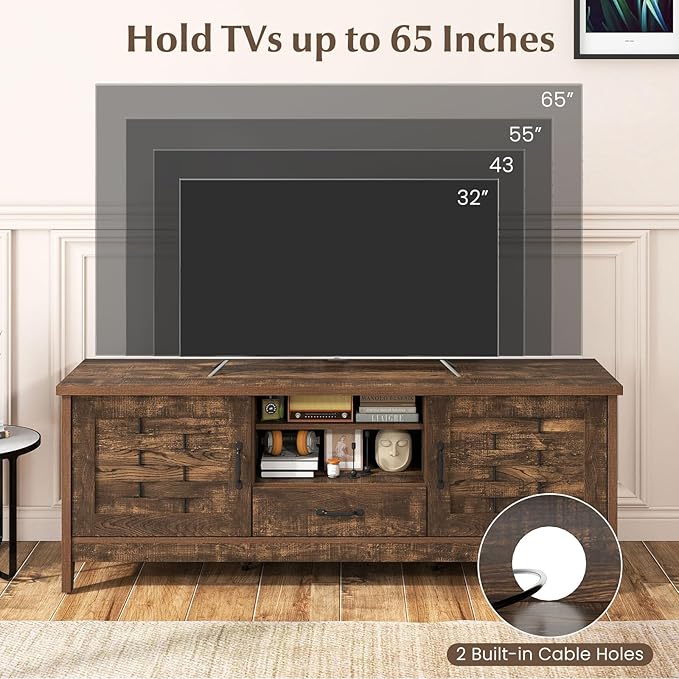 Giantex Farmhouse TV Stand for 65 Inch TVs, 59" Wood Entertainment Center with 2 Woven Accent Doors, Storage Drawer & 3 Adjustable Shelves, Media Console Table for Living Room, Bedroom (Rustic Brown)