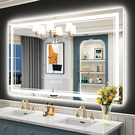55x36 LED Bathroom Mirror with Lights, Backlit and Front Lit Anti-Fog Lighted Vanity Mirrors for Bathroom Wall, Dimmable, 3-Color Light, Memory, Shatter-Proof, HD Tempered Glass, CRI＞90