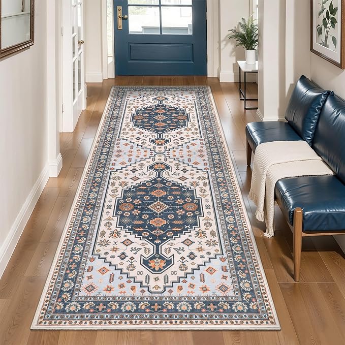 Tangsoo Vintage 2x6 Washable Runner Rug for Hallways,Boho Runner Mat,Blue Beige Low Pile Long Rug Runner Carpet for Kitchen Bedroom Entryway Laundry