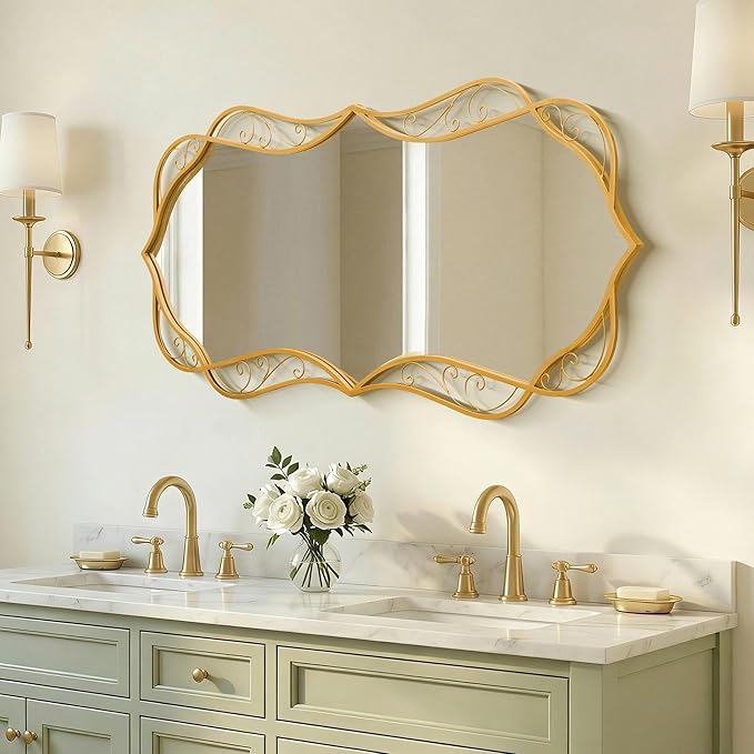 Besdomus Gold Bathroom Large Mirror: 24"x48" Scalloped Modern Large Vanity Mirror for Wall - Farmhouse Decorative Vertical or Horizontal Hanging - Wall Decor for Bathroom/Fireplace/Bedroom/Living Room