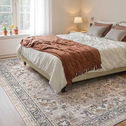DEXI Area Rugs for Living Room, Washable Low Pile Vintage Traditional Rug for Bedroom, Non Slip Indoor Carpet for Dining Office Nursery, 5x8, Beige Blue