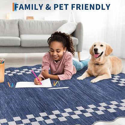 Rug Runners for Hallways 2x8 Washable Kitchen Runner Rug Non Slip Low Pile Bedside Throw Carpet Modern Bordered Bathroom Runners Checkered Area Rug for Living Room Bedroom Entryway Nursery, Blue