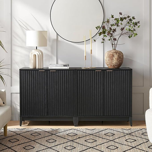 mopio Brooklyn Fluted Storage Cabinet, Modular Accent Buffet Sideboard with Adjustable Shelf, FSC Certified 50lb load Modern Farmhouse Wood Credenza for Dining, Living Room, Entryway (Black, Set of 2)
