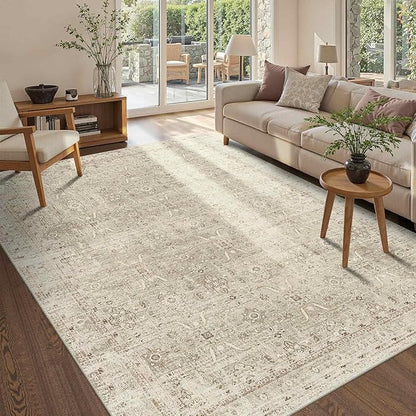 Rugxara 5x7 Area Rugs for Living Room Bedroom, Beige Washable Neutral Rug, Vintage Floral Retro Boho Non Slip & Low Pile Carpet for Dining Room, Classroom, Dorm, Nursery and Kids Room-Beige/Cream