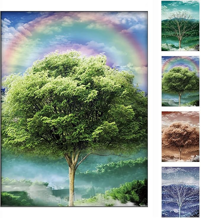 Four Seasons Tree 3D Poster Wall Art Decor Print ，Beautiful Nature Scene of Changing Four Seasons Spring Summer Fall Winter Scenery Mural，Optical Illusion Flipping Images and Holographic Pictures