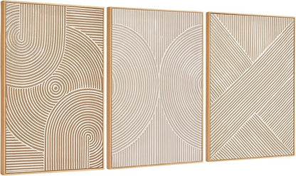 Zessonic Neutral Minimalist Textured 3D Wall Art Abstract Hand-Painted Framed Wall Decor Geometric Artwork Canvas Paintings- Living Room Bedroom Office - Modern Boho Neutral Line 16"x24" 3 piece