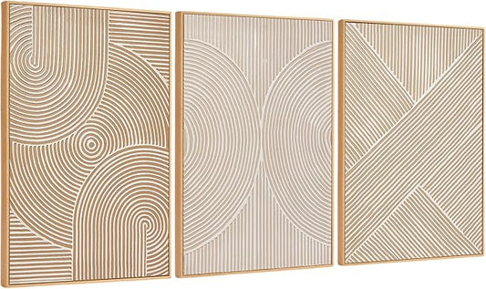 Zessonic Neutral Minimalist Textured 3D Wall Art Abstract Hand-Painted Framed Wall Decor Geometric Artwork Canvas Paintings- Living Room Bedroom Office - Modern Boho Neutral Line 16"x24" 3 piece